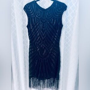 Babeyond Elegant Black Beaded Fringe Dress